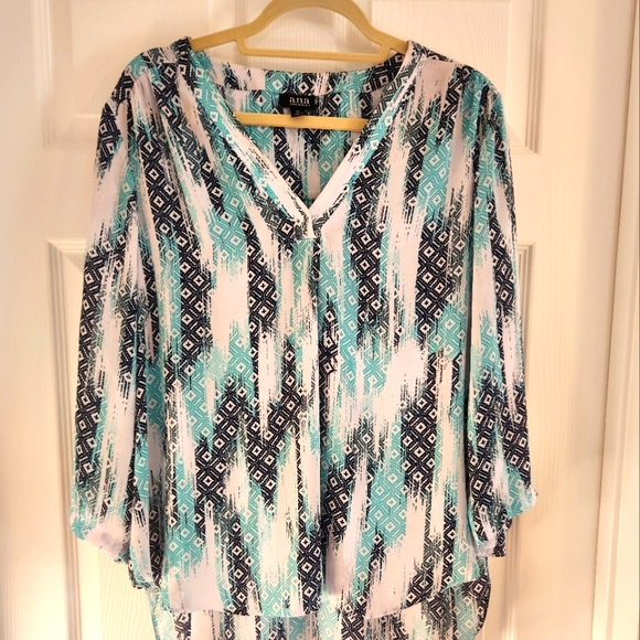 A.n.a Blouse Top Women's XL Multicolor Geometric V neck 3/4 sleeves translucent - Picture 1 of 3